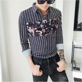 

face print stripe shirt men slim fit long sleeve mens casual shirts chemise homme manche longue business casual black white