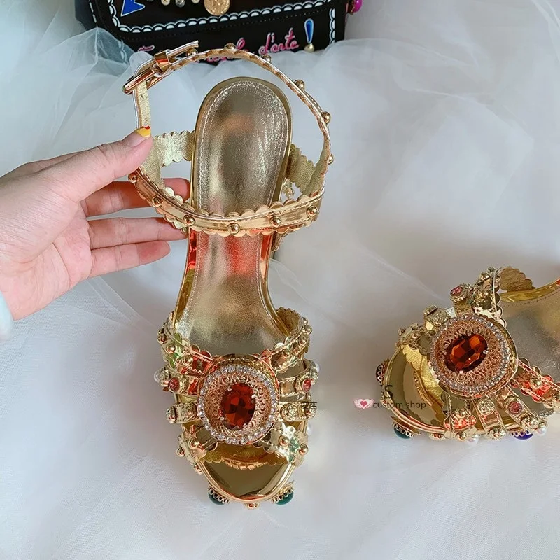 Luxury Gold Metallic Leather Chunky Heel Sandals Muti Jewel