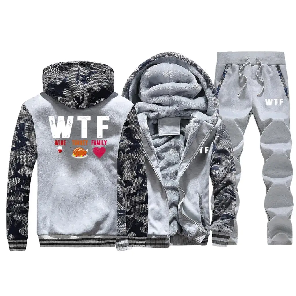 Новинка года, комплекты из 2 предметов для мужчин, на День Благодарения, WTF, винная, индейка, семейный узор, Толстая Толстовка с капюшоном, Мужская зимняя плотная куртка+ штаны - Цвет: Light Gray