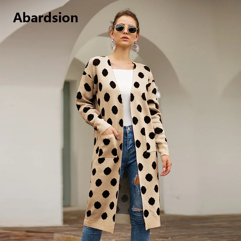 Женский кардиган в горошек Abardsion длинный вязаный с открытым швом Повседневный