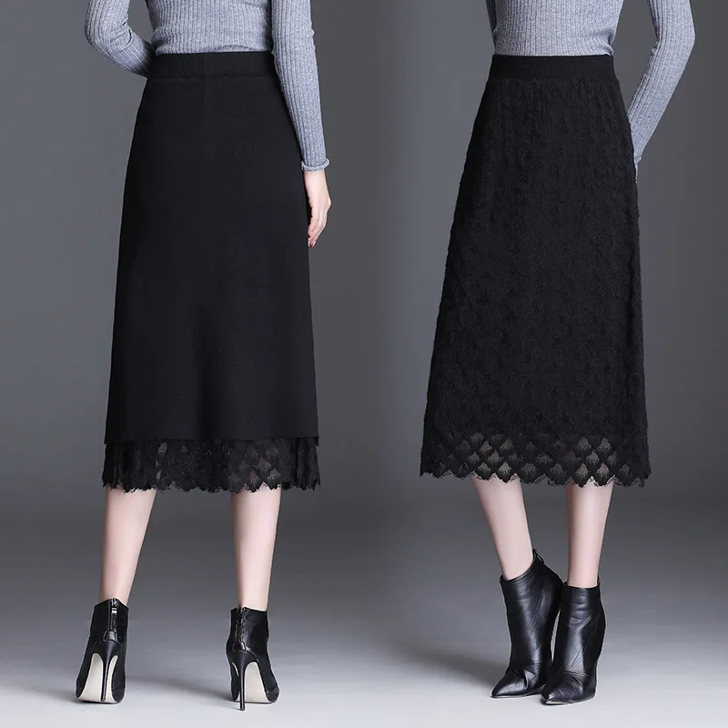 

Reversible Knit Lace Wrapped Skirt WOMEN'S Skirt Autumn And Winter Short-height Mid-length Step Yarn Skirt Winter Skirt under