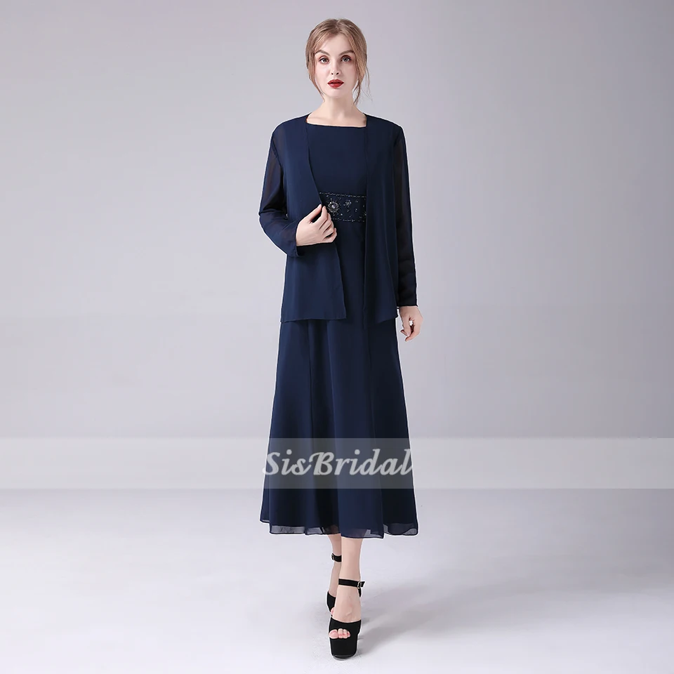 

Sheath / Column Jewel Tea-length Chiffon Evening Dress with Sequined