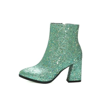 

Winter Glitter Shoes Women Runway Bling Ankle Boots Gold Silver Shiny Shoes Side Zip Square High Heel Comfort Casual Shoes Woman