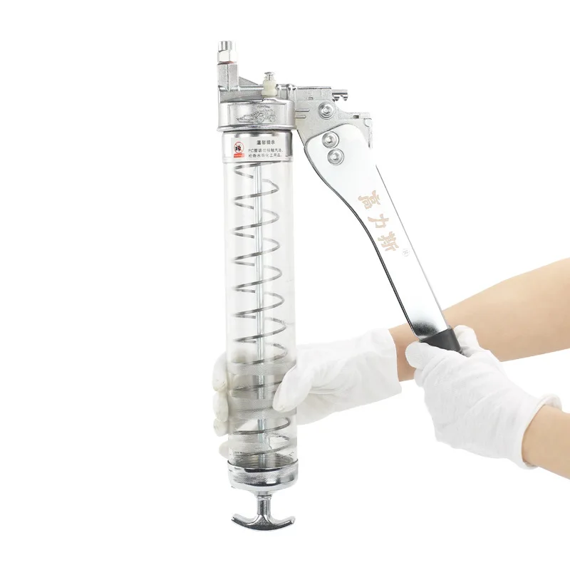 

Transparent double gear oil can 600CC labor-saving grease gun Pressure bar type high pressure manual grease gun Durable oiler