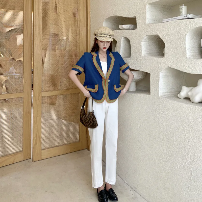 

Price Control 5 Photo Shoot Net Price Contrast Color Fashionable Fine Retro Loose Cropped Jacket Suit