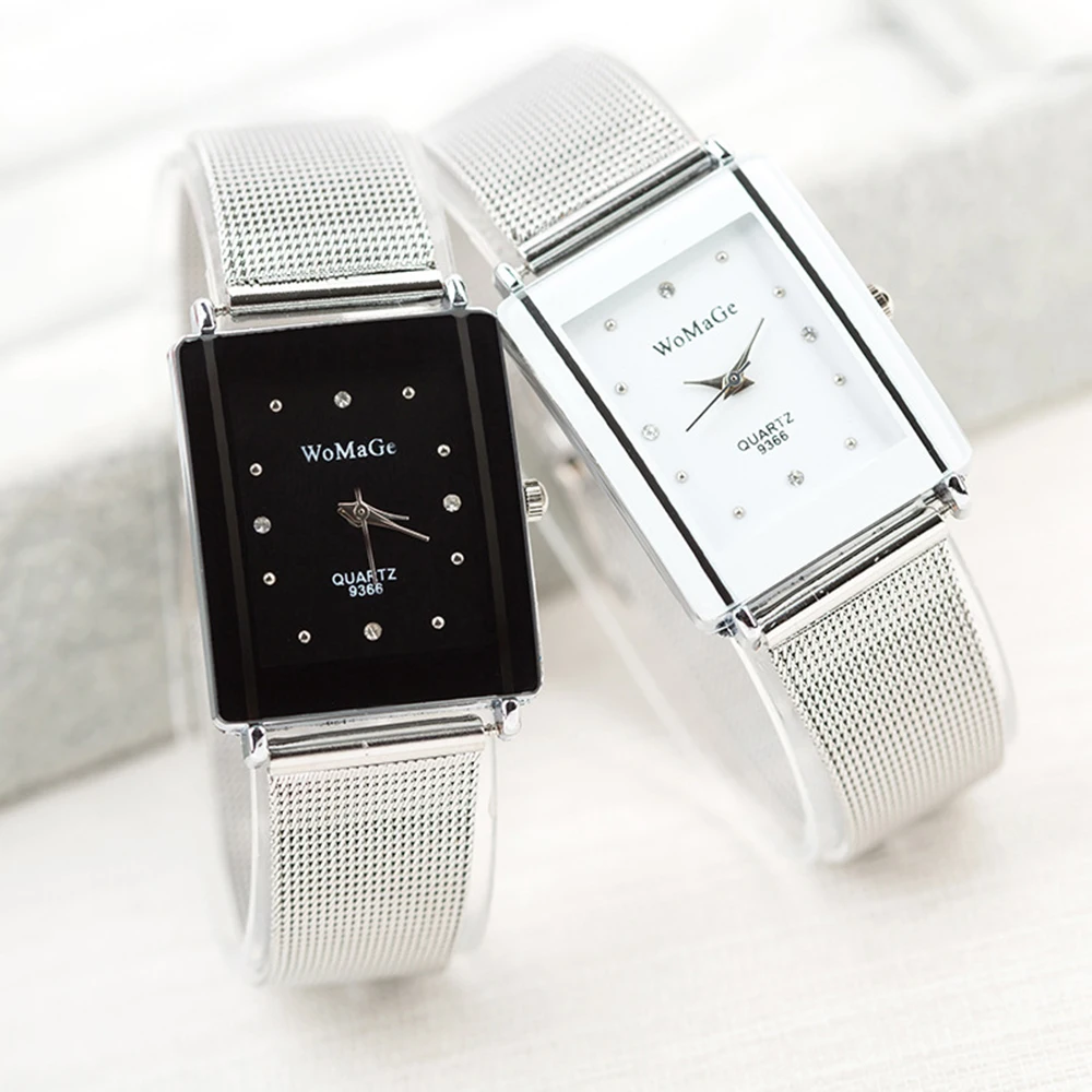 

Rectangle Men Women Quartz Watches Fashion Casual Stainless Steel Analog Quartz Wrist Watch Mesh Belt Band Buckle Watches