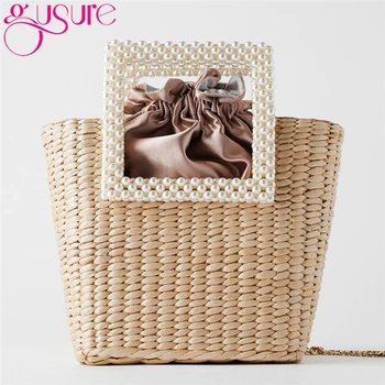 

Gusure Pearl Straw Handbag 2020 New Fashion Brand Designer Weaving Tote Summer Vacation Bohemia Straw Crossbody Bag For Women