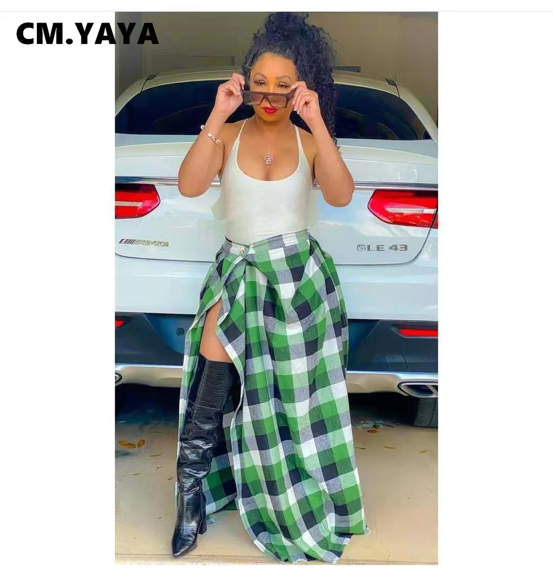 CM YAYA las mujeres faldas a cuadros asimétrico imperio botón cintura piso-longitud Faldas de mujer Casual calle ropa de verano 2021