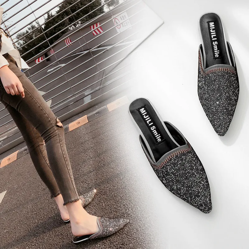 

New Products 2019 Closed-toe Drag Fashion Pointed Man-made Diamond Explicit Elegant Outer Wear Versatile Slipper Cool GIRL'S