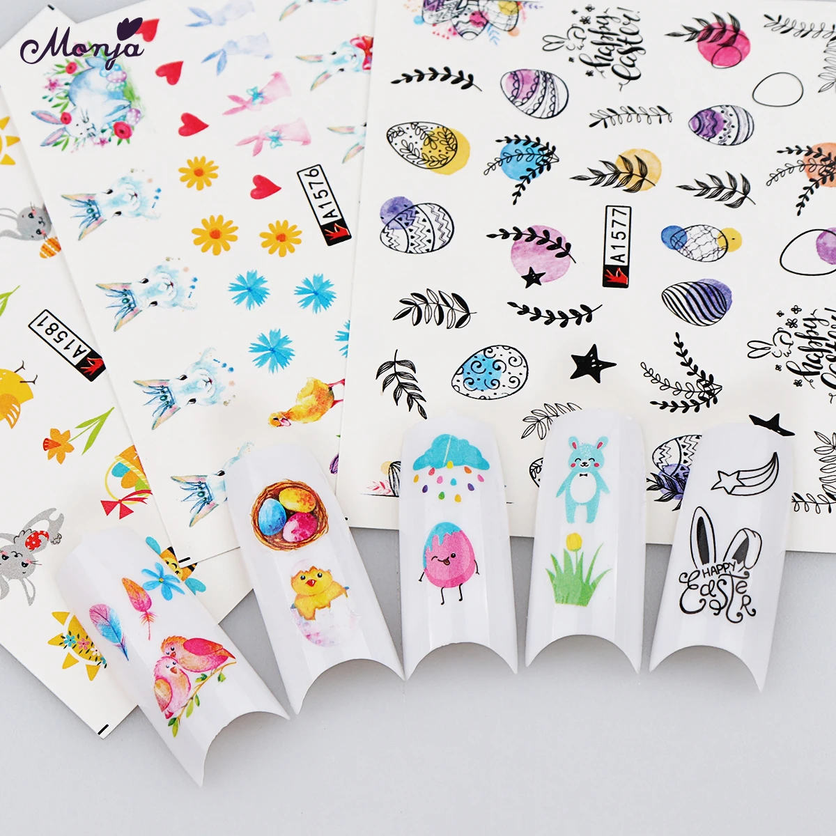 

Monja 12Pcs/Set Nail Art Water Transfer Sticker Chick Rabbit Flower Plant Animal Pattern DIY Watermark Nail Decals Manicure Tool