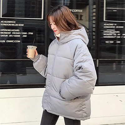 Однотонное зимнее пуховое пальто с капюшоном размера плюс, женские повседневные свободные хлопковые куртки, уличная одежда, женская мода, корейские парки, новые размеры - Цвет: Серый
