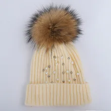 new pearl diamond raccoon fur pom-pom hat woman real fur pompon hat woman casual beanie hat high quality cotton cap