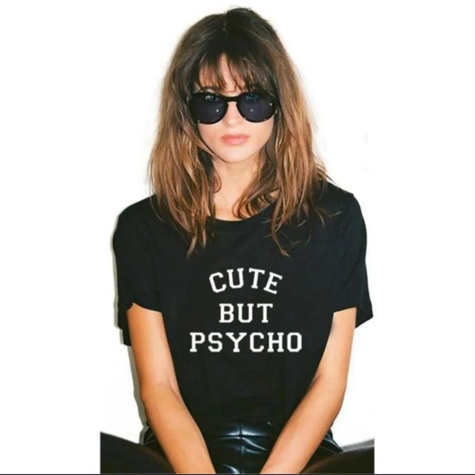 

BTFCL Funny "CUTE BUT PSYCHO " Letter Print T Shirt Women Men Cotton Korean Hip Hop Harajuku Christmas Tshirt Camisas Mujer