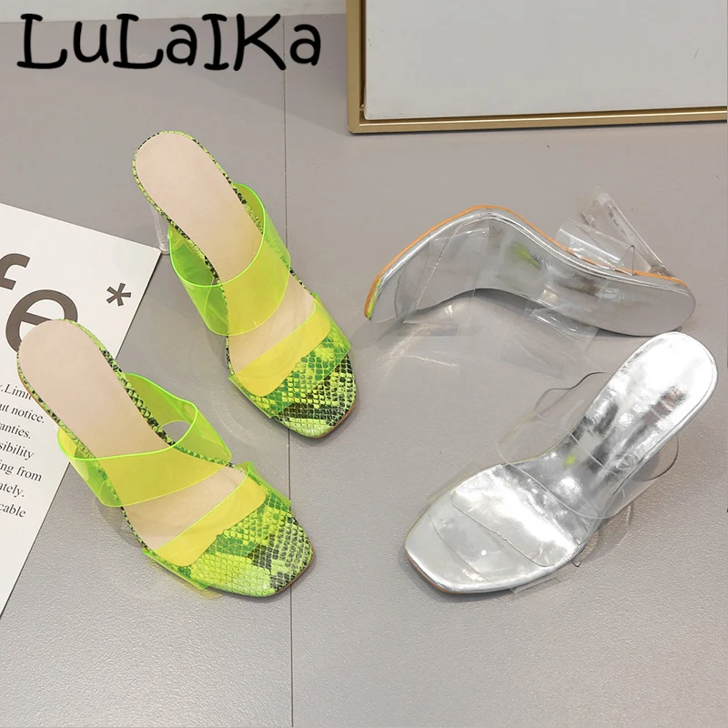 

LuLaIKa 2019 Summer New PVC Transparent Open Toe Slippers Fashion Sexy Snake Pattern High Heel Crystal Ladies High Heel Slippers