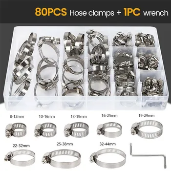 

80 Pcs Stainless Steel Adjustable Range Worm Gear Hose Clamps Kit 8-44mm + Wrench Pipe Clamp Set with Dual-purpose Screwdriver