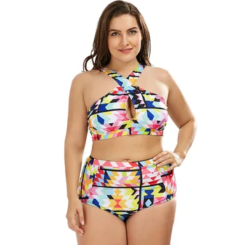 

2019 Fat Po Plus Fat Increase Code Split Printing Stripes Gao Waist Swimsuit Bikini plus size High Cut