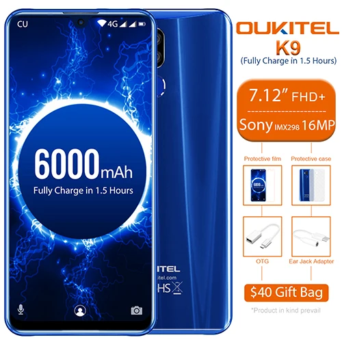 OUKITEL K9 мобильного телефона 6000 мА/ч, Батарея 4 Гб 64 Гб 7,1" FHD+ безрамочный экран капли воды Дисплей 5 V/6A Quick Charge 16MP/8MP Face ID смартфон - Цвет: Blue