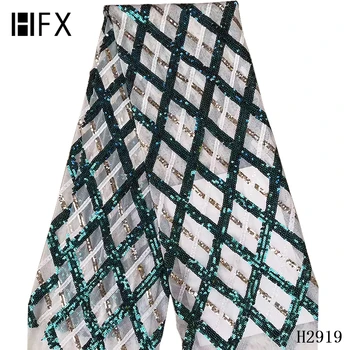

HFX high quality African French Net lace fabric in teal green with shining sequins embroidery for African party dress H2919