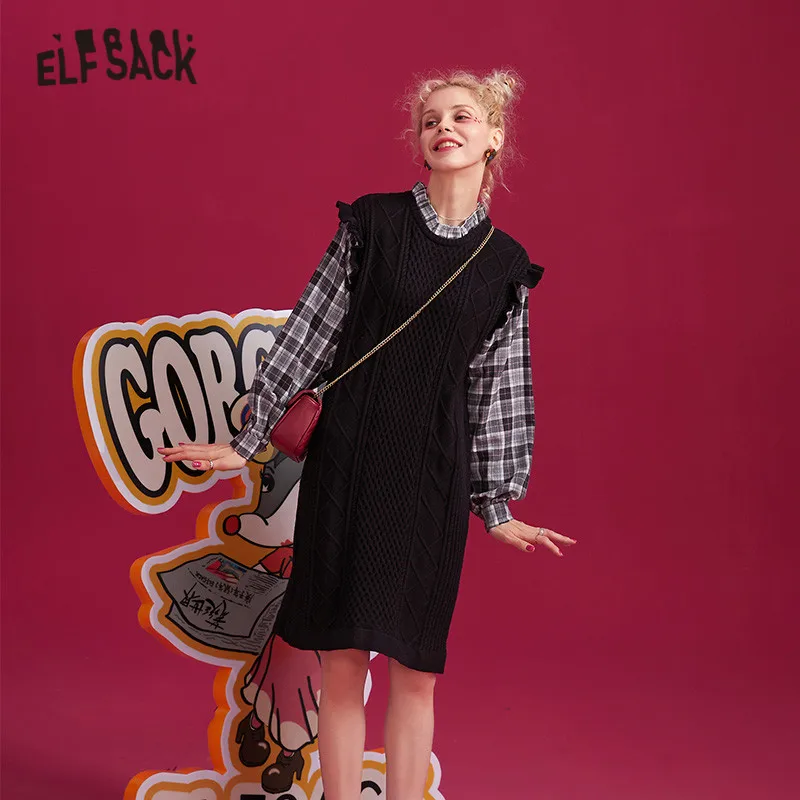 ELFSACK, черное платье в клеточку, лоскутное, повседневное, женское платье, зима, абрикосовое, модное, длинное, с оборками, рукав, прямое, женские платья