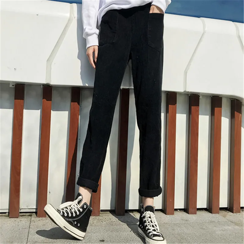 black Hirsionsan вельветовые брюки женские весенние повседневные брюки с высокой эластичной талией по щиколотку свободные женские шаровары с карманом - Цвет: black