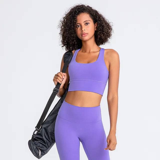Lulu High Quality Fitness Bra Women Gym Tank Top Butter Soft  Cross Back Yoga Vest Athletic High Impact Brassiere With Chest Pad Lavender violet