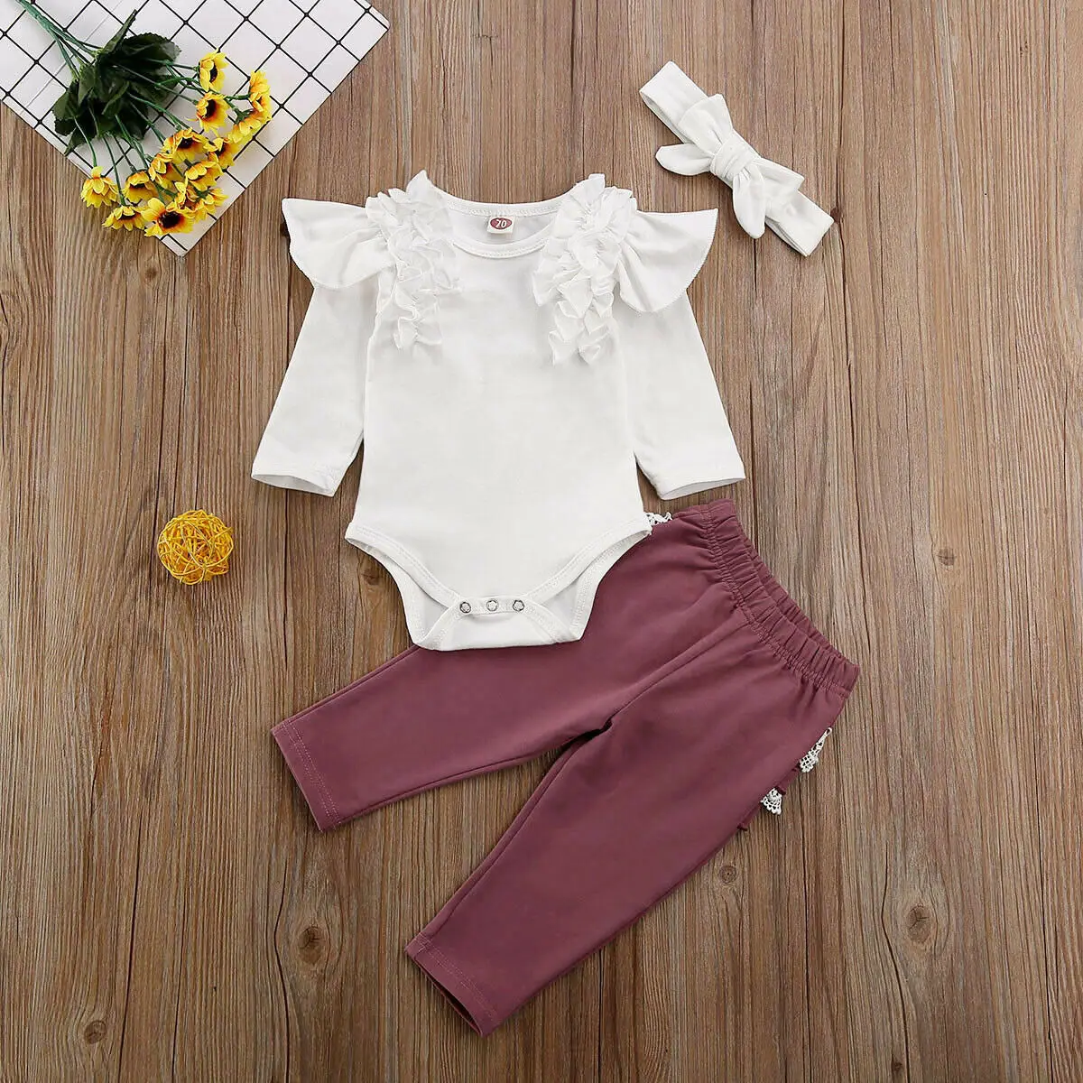 Топы с оборками для новорожденных девочек, футболка, длинные штаны, комплект одежды для 0-24 месяцев