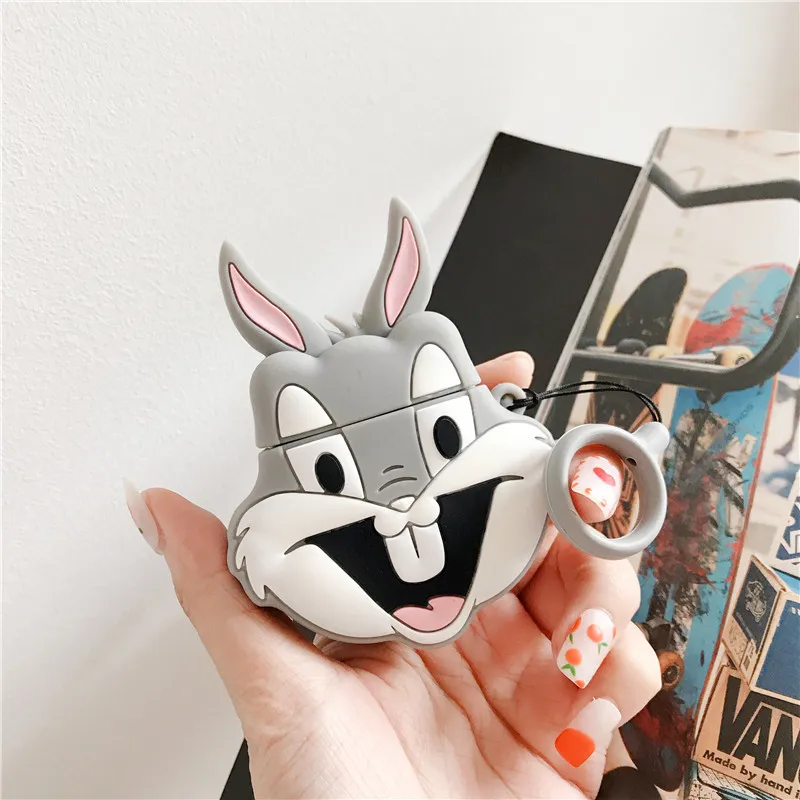 Для AirPod 2 Чехол 3D серый кролик мультфильм Мягкие силиконовые беспроводные кожухи