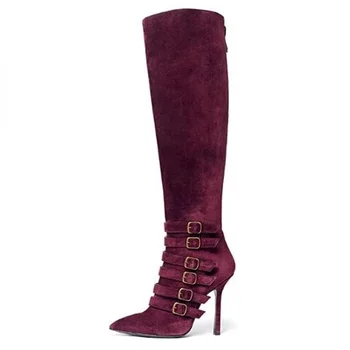 

Burgundy Suede Over The Knee Boots Buckle Strap Pointed Toe High Heel Runway Boots Fashion Slip-on Women Dress Shoes Big Size 42
