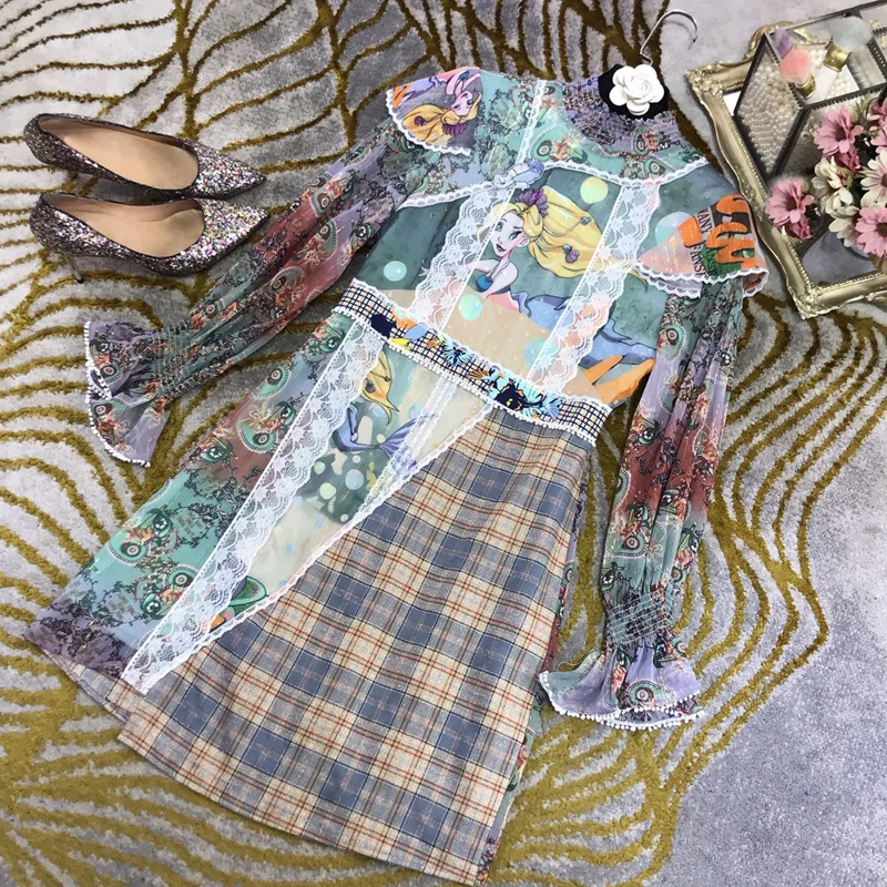 

Print Cartoons 11.11 Fashion Dress Women's Flare Sleeve Ruffles Plaid Patchwork Mini Dresses Designer New