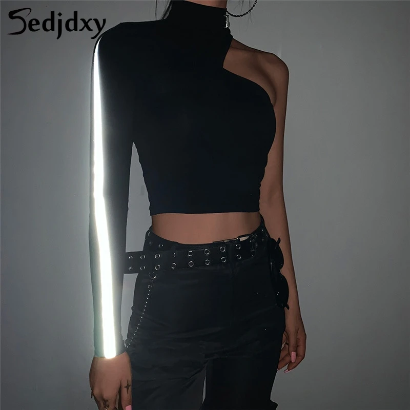 

Long Sleeve One Shoulder Reflective Stripe Punk Gothic Crop Top T Shirt With Metal Buckle Black Sexy Basic Tee Shirt