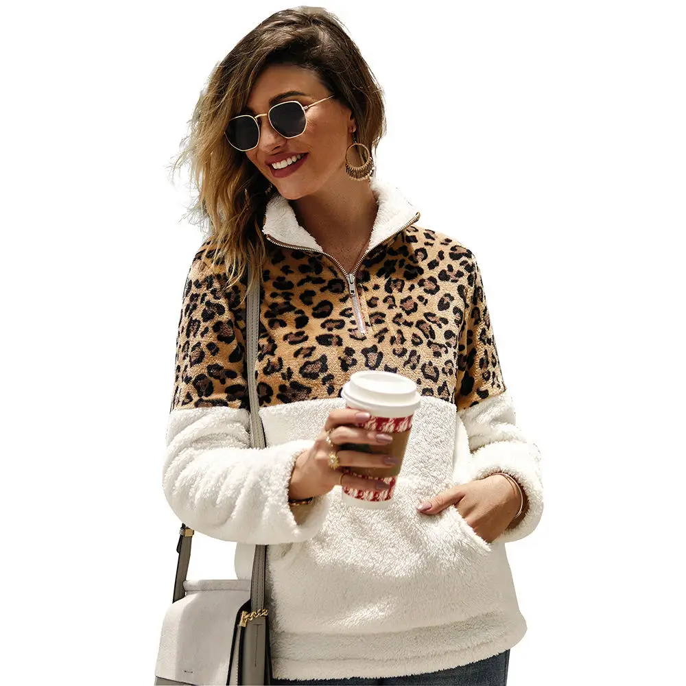 

Women Leopard Turtleneck Sweater Oversized Zipper Teddy Sweaters Patchwork Plus Size Pullovers Female Streetwear
