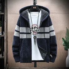 Cardigan Hooded Autumn Thick Korean Sweaters With Velvet Men's Knitted Sweatercoats 2021 Patchwork Jacket Male M-3XL Clothes Men