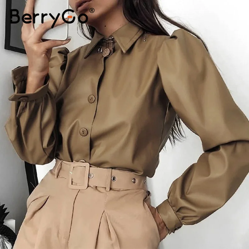 Женская винтажная блузка из искусственной кожи BerryGo офисная с длинными
