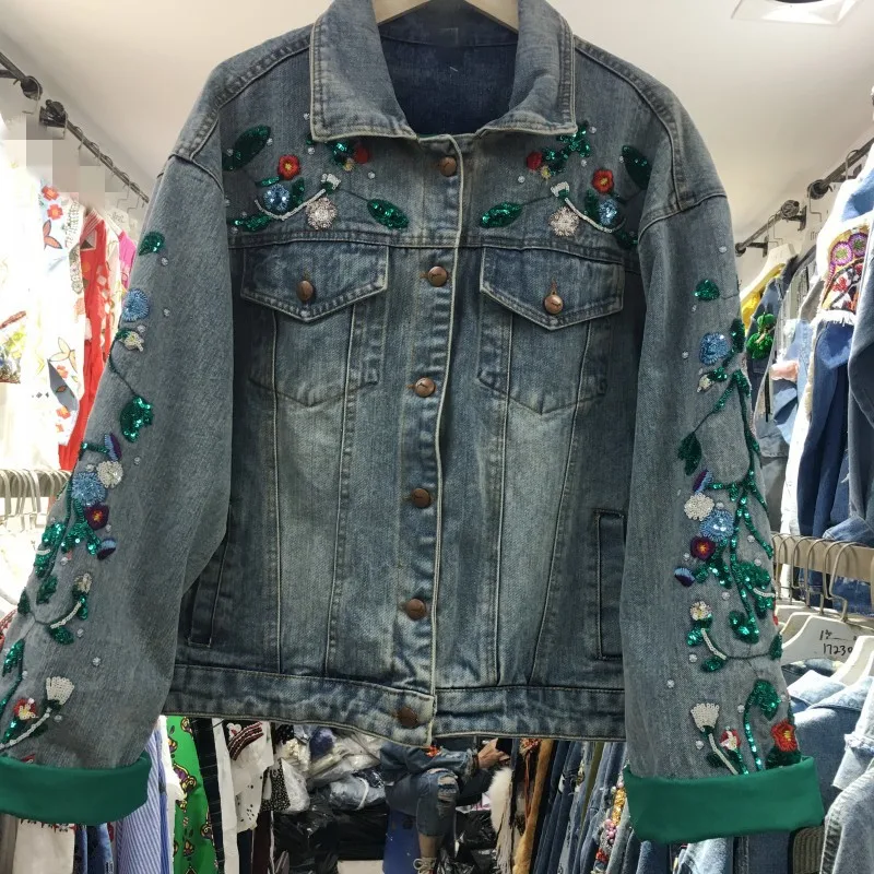 

2019 New Spring Autumn All-match Loose Denim Jackets for Women Long Sleeve Sequins Embroidery Flower Casual Female Denim Coats