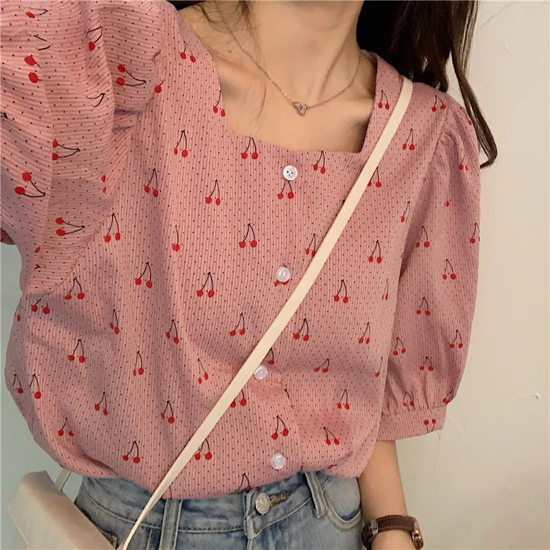 

HziriP 2020 Summer Vintage Casual Women Blouses Simple Loose Print Cherries Sweet Shirts Female Puff Sleeves All-Match Tops