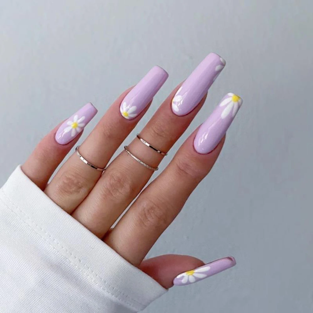 Puntas de uñas acrílicas con patrón de margaritas pequeñas, uñas postizas  con pegamento largo de bailarina, cobertura completa, para uñas postizas| Uñas postizas| - AliExpress