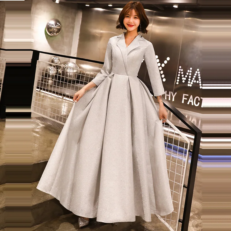 Это Yiya элегантные вечерние платья v-образный вырез три четверти рукава женские вечерние платья Серый Пол Длина халат De Soiree E557 - Цвет: gray