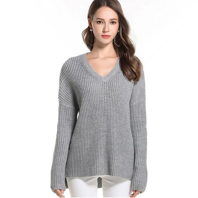 WYWAN Autumn V Neck Knitted Sweater Women Black Pullover Loose Knitwear Winter 2019 Blue Jumper Pull Femme Solid Color XL | Женская