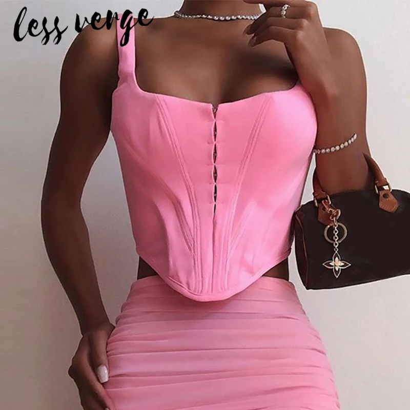 

lessverge Sexy sleeveless pink tank top women Office lady slim backless crop top 2019 Korean style womens clothing streetwear