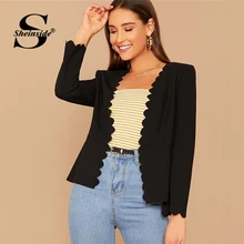 Sheinside, черный элегантный блейзер с фестонным краем, Женский Осенний открытый Блейзер, Женский однотонный минималистичный блейзер для работы