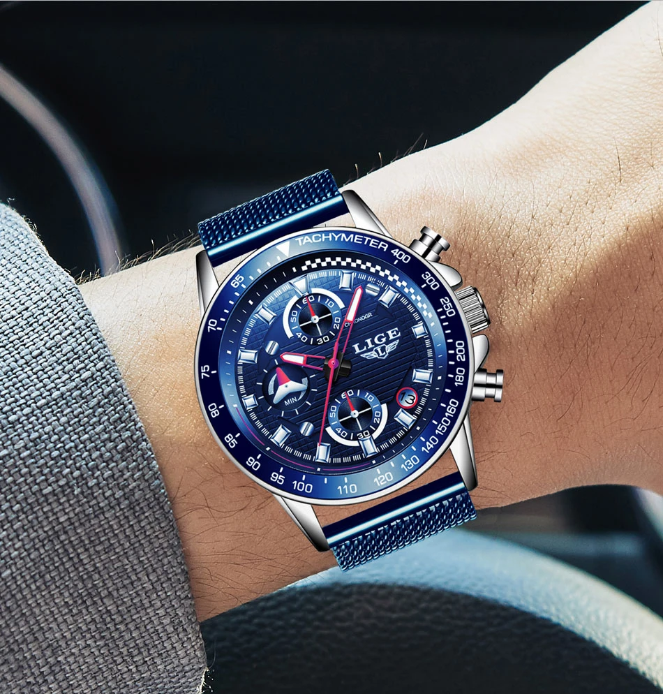 Новинка, синие кварцевые часы LIGE, мужские часы, Топ бренд, роскошные часы для мужчин, простые полностью стальные водонепроницаемые наручные часы, Reloj Hombre