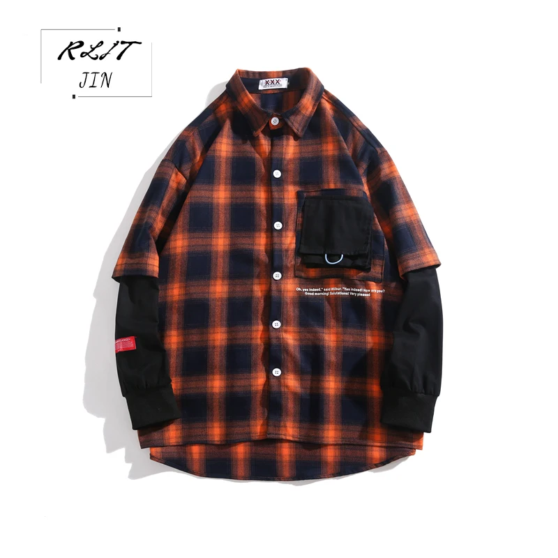 

RLJT.JIN High Quality Oversize Plaid Patchwork Casual Japanese Mens Shirt Solid Color Fancy Pocket Harajuku Practical Men Shirt