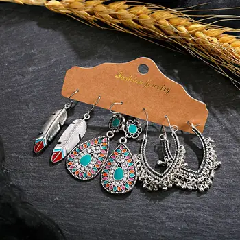 

Vintage Silver Color Alloy Beaded Earrings Set For Woman Ethnic Boho Tassel Colorful Dripping Oil Earrings Jewelry