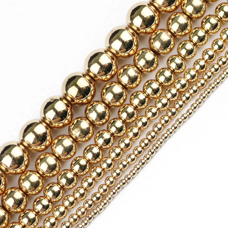 Perles rondes en hématite 2/3/4/6/8/10mm, pierre naturelle, couleur or 14K, perles amples, boule de bijoux, fabrication de Bracelets, accessoires de bricolage SSS