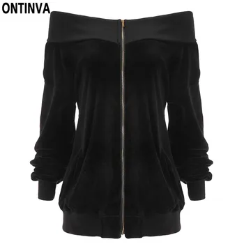 

Girls Black Slash Neck Velvet Hoodies for Women Full Sleeve Loose Tops with Zipper Spring Casual Sweatshirts Clothing Pullovers