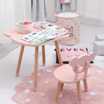 

Nordic Style High Quality Solid Wood Kids Wooden Table and Chair Set Pink White Grey MintGreen Drop Shipping 1 table and 1 chair