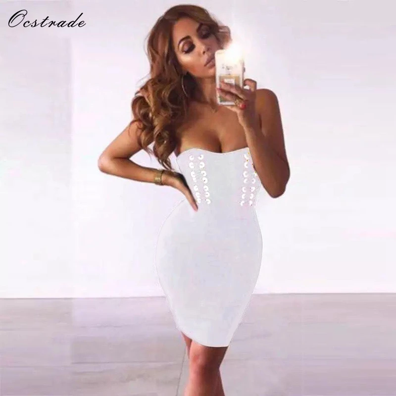 

Summer New 2019 Metal Pieces Strapless Off Shoulder White Mini Pencil Bodycon Dress Spandex Sexy White Bandage Dress