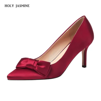 

2020 Spring and Summer Ladies Embroidered Satin Wedding Shoes Shallow Mouth Bow Solid Color Chinese Style High(5cm-8cm) Classics