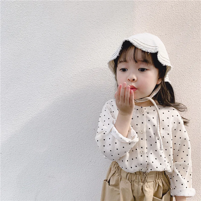 Korean style cute dot sigle-breasted shirts for fashion girls cotton 2 colors casual shirt clothes