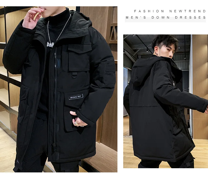 Down Jacket Men's New Style Trend Handsome Mid-length Thick Workwear Hooded down Jacket Cotton-padded Clothes Winter Coat M